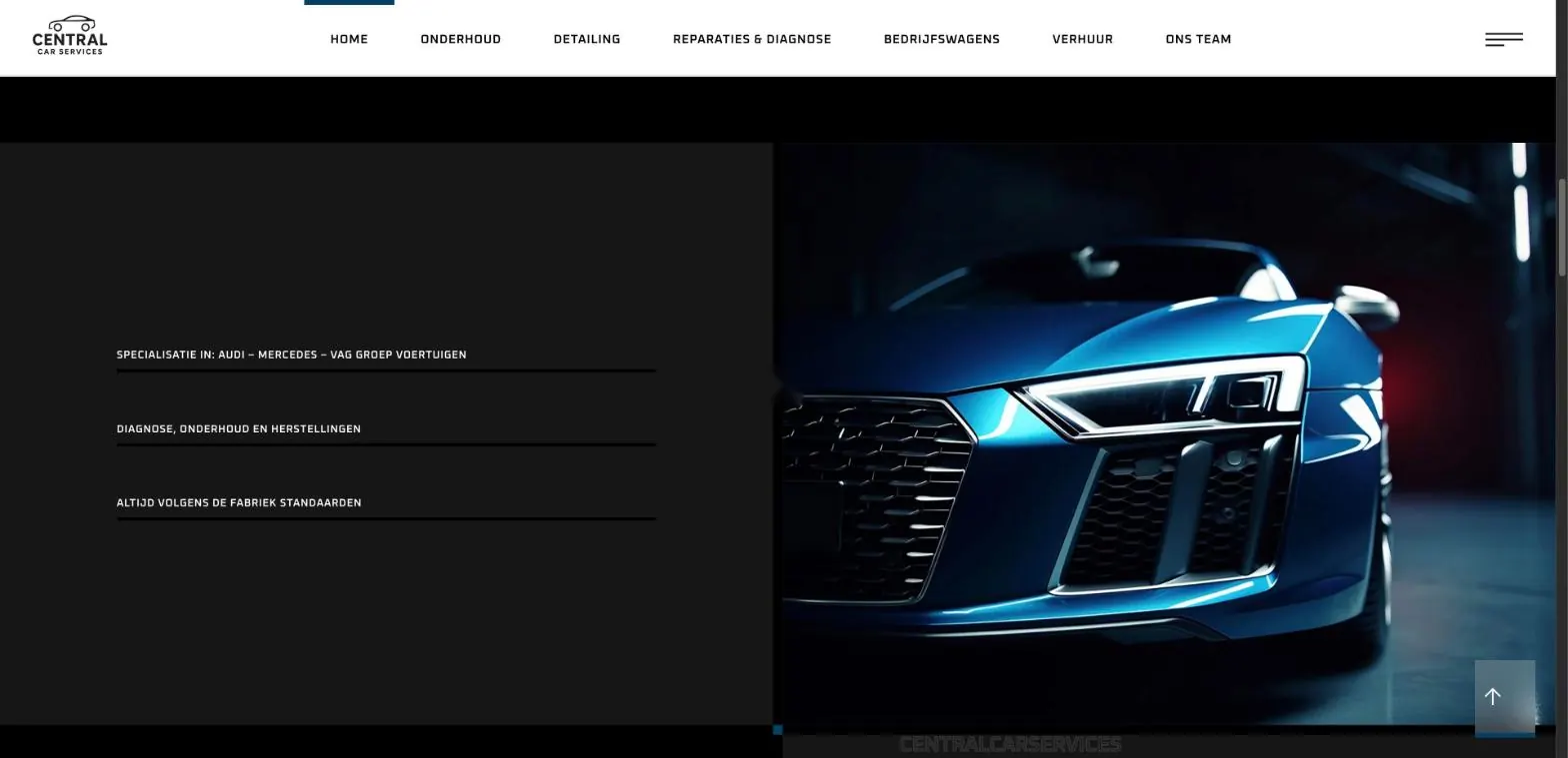 Screenshot van centralcarservices.be: Specialisatie in Audi, Mercedes en de VAG-groep, gebracht met donkere, strakke beelden.