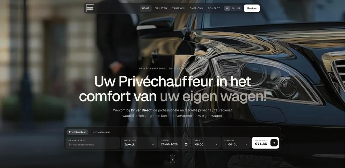 Screenshot van driverdirect.be: De homepage: een privéchauffeur in je eigen wagen, met meteen een boekingsformulier en richtprijs.