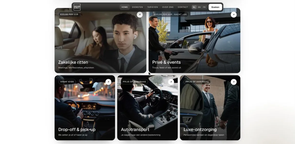 Screenshot van driverdirect.be: Vijf diensten, van zakelijke ritten tot luxe-ontzorging, elk met een duidelijke prijs.