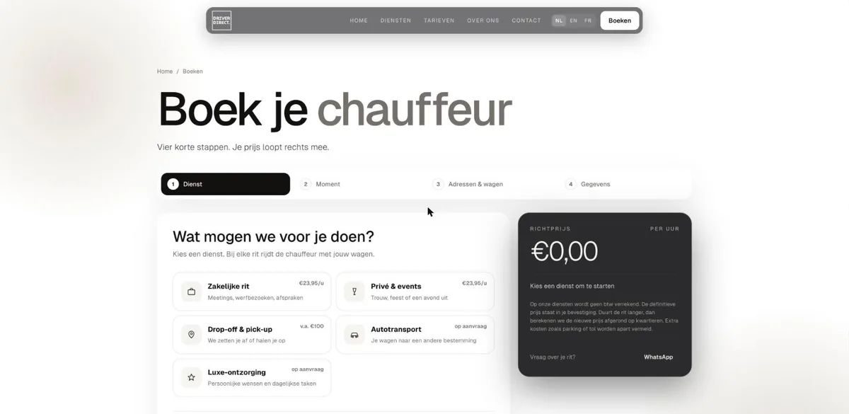 Screenshot van driverdirect.be: Boeken in vier korte stappen, met rechts een richtprijs die meeloopt.