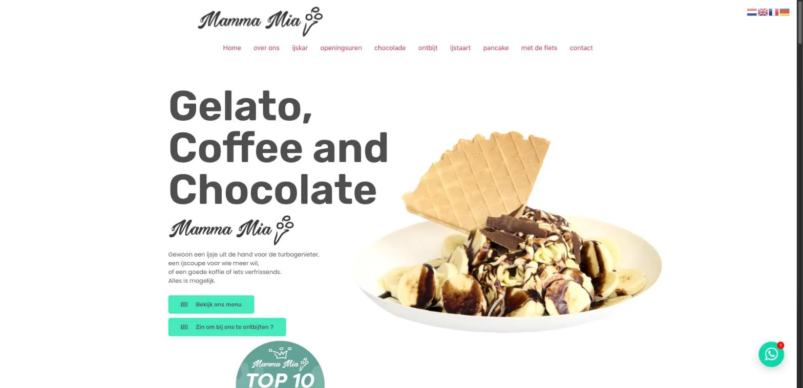 Screenshot van mammamiagelateria.be: Gelato, koffie en chocolade, met het menu en het ontbijt meteen binnen handbereik.