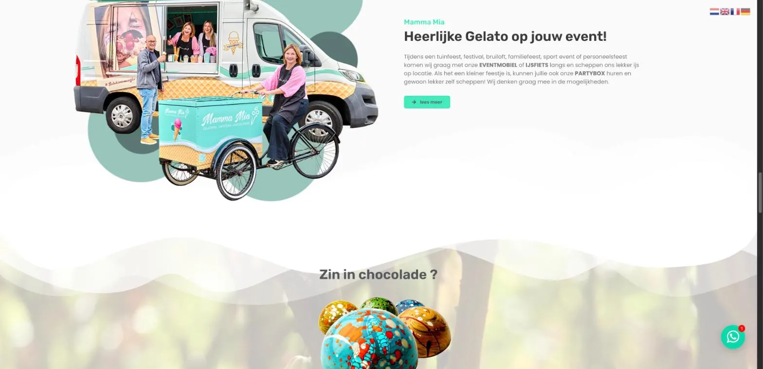 Screenshot van mammamiagelateria.be: De eventmobiel en de ijsfiets: Mamma Mia op je feest, festival of personeelsfeest.