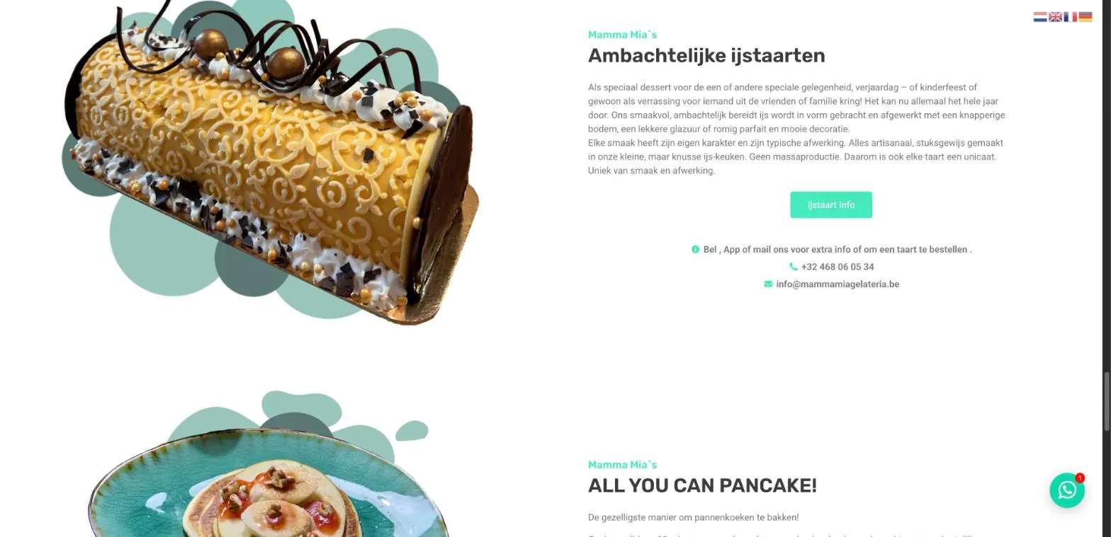 Screenshot van mammamiagelateria.be: Ambachtelijke ijstaarten, stuk voor stuk gemaakt in de eigen ijskeuken.