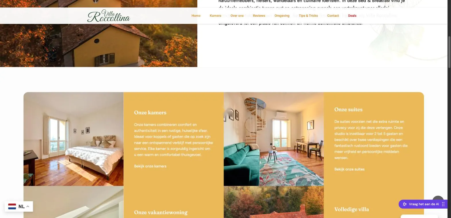 Screenshot van villaroccollina.com: Het verhaal van de villa, met daaronder de keuze tussen kamers en suites.