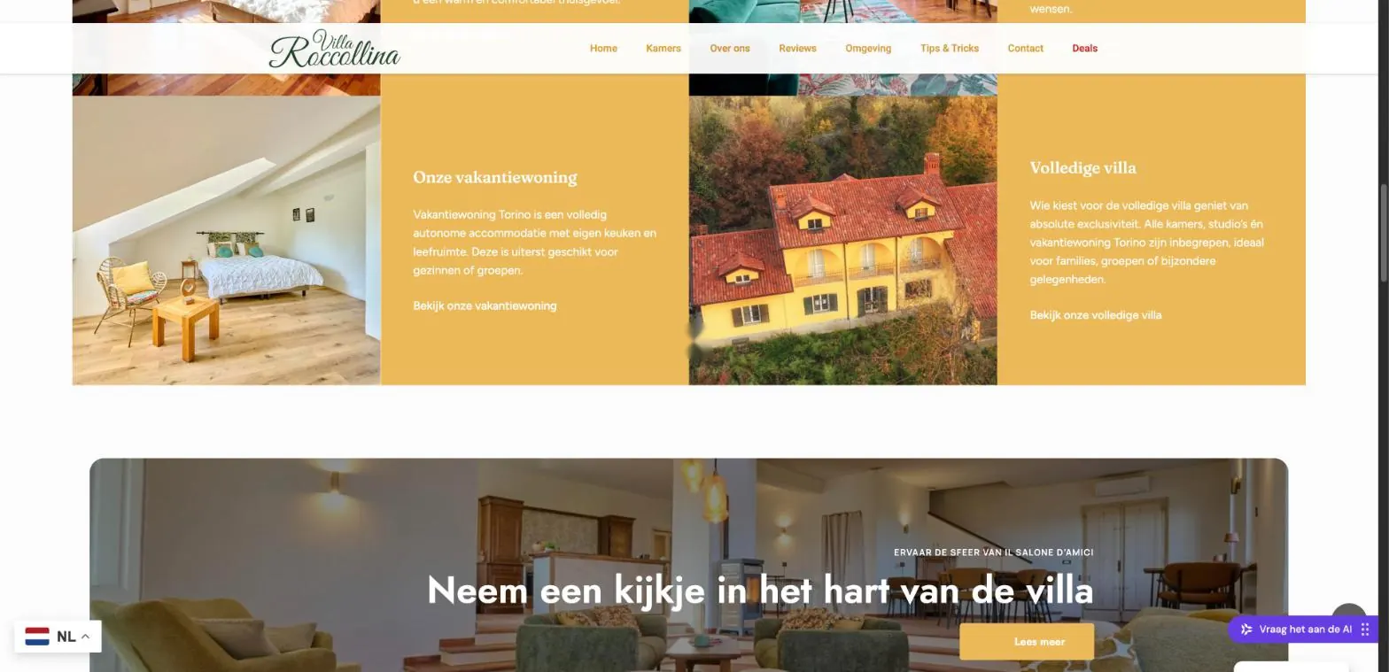 Screenshot van villaroccollina.com: Vakantiewoning Torino en de volledige villa, met een blik in Il Salone d’Amici.